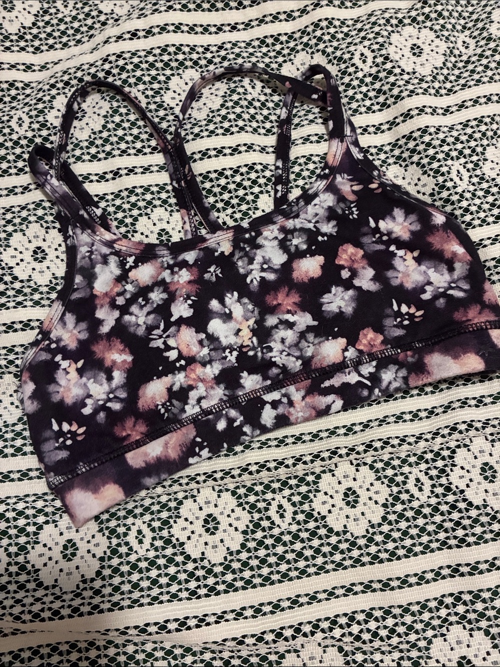 Splendid Floral Strappy Sports Bra - Black/Pink